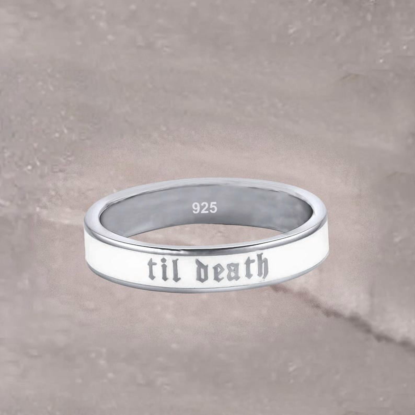 4mm Wide Til Death White Enamel Band Ring, Promise Ring, Gift for