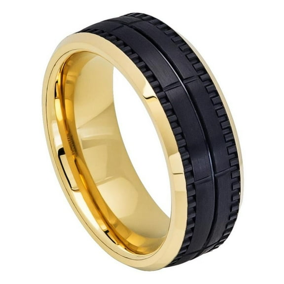 8mm Tungsten Carbide Two-tone Yellow IP Inside Black IP Outside Brushed Grooved Ring Wedding band Ring for Men and Ladies