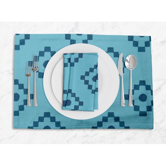 S4Sassy Blue Diamond Geometric Everyday Washable Placemats With Napkins Dining Table Decor