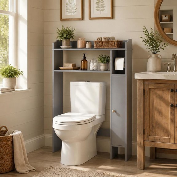Over the Toilet Storage Cabinet with Toilet Paper Holder, Gray, Wall Mounted Bathroom Storage with Removable Shelves