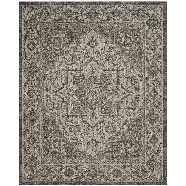 SAFAVIEH Courtyard Franklyn Medallion Indoor/Outdoor Area Rug showcasing an intricate medallion and floral design in muted grey and beige, woven from durable polypropylene with a sisal weave for easy maintenance, suitable for indoor and outdoor use and often used as a decorative patio centerpiece.