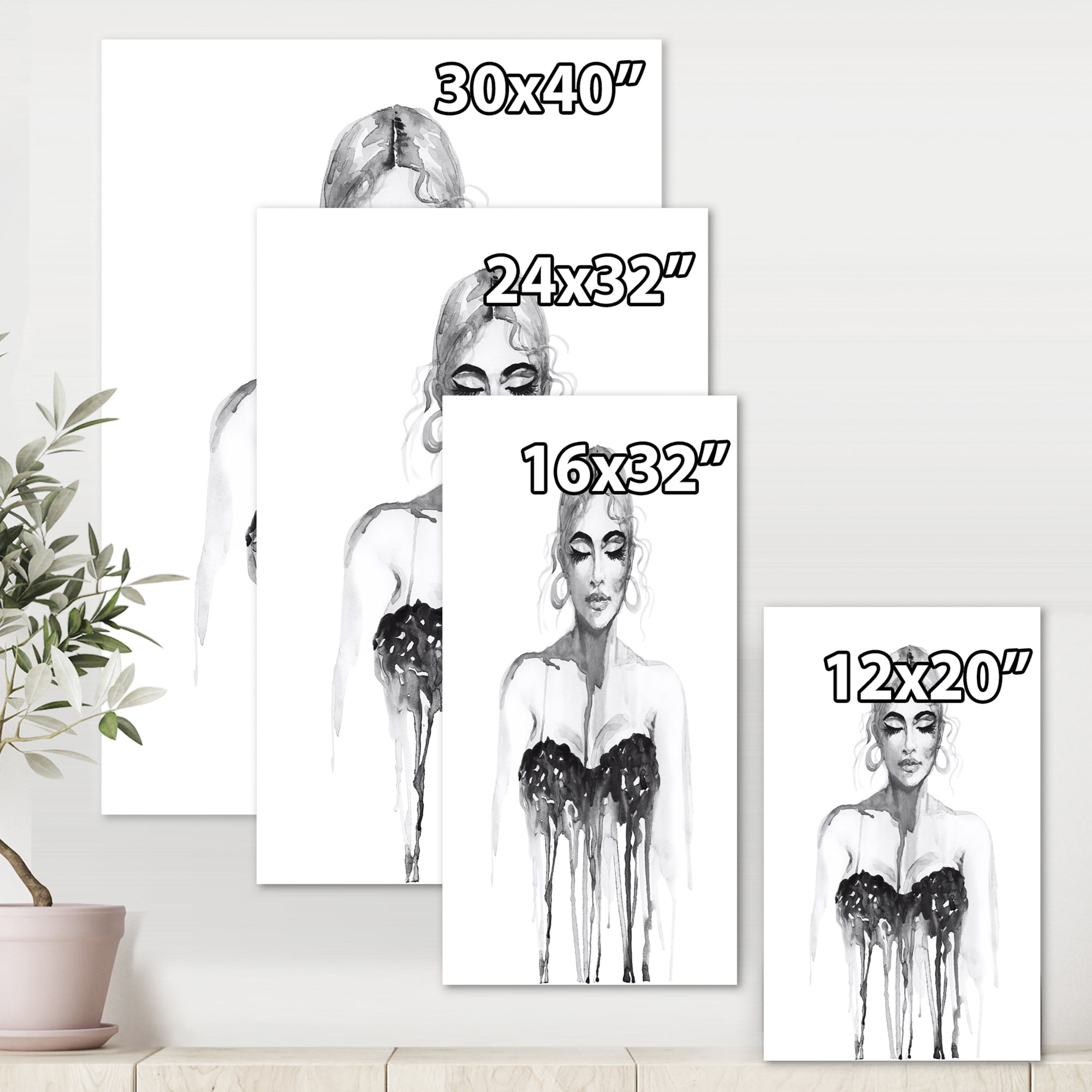Black and White Portrait of Woman Wearing Evening Dress 12 in x 8 in Painting Canvas Art Print, by Designart