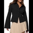 thumbnail image 3 of Camisas de Mujer con Botones, Larga A Rayas, Cuello, Blusas Informales de Trabajo, Conjuntos Modernos Negro L, 3 of 10
