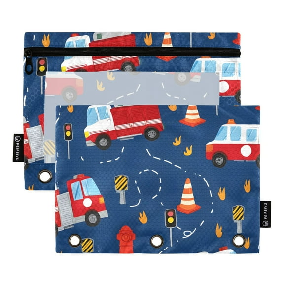 ALAZA 2 Pack Pencil Pouch Fire Trucks Cartoon Pencil Case for 3 Ring Binder Clear Window Pencil Bag Organizers