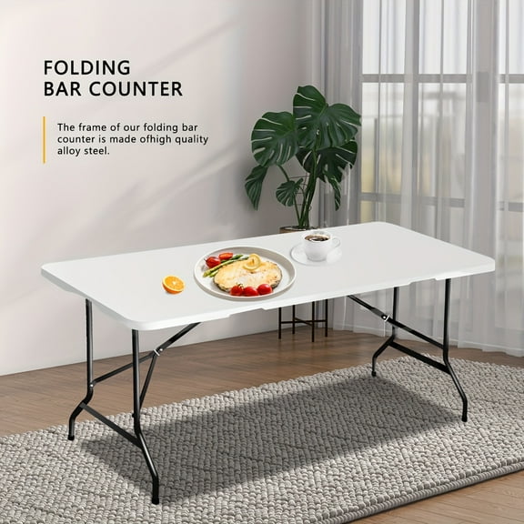 6-foot Folding Table | Portable Heavy Duty Plastic Semi-Folding Table with Handle, Lock, and Adjustable Height, Suitable for Indoor/Outdoor Use, Ideal for Camping and Parties