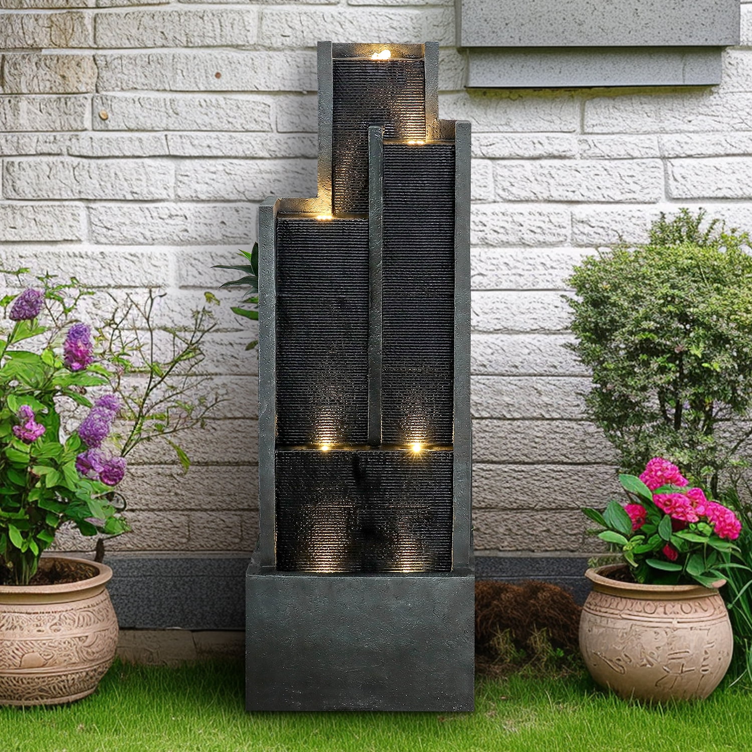 4-Tier Water Fountain with LED Lights  - 50.7" H Waterfall Fountain Indoor Outdoor Water Feature for Home, Patio, Garden
