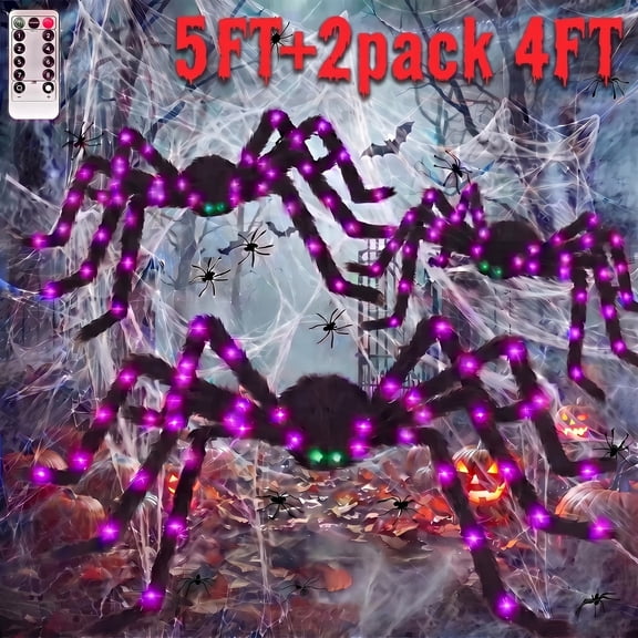 Leyaron Halloween Spider Decorations Set, 5FT and 2 Pack 4FT Lighted Giant Spider Decorations for Halloween Party Indoor Outdoor Yard Home Decor