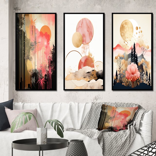 Designart "Pastel and Gold Boho Chic Serenity II" Modern Geometric Framed Wall Art Set Of 3 - Pink Abstract Frame Gallery Wall Set For Home Decor