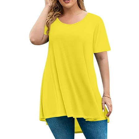 Womens Linen Tops  Spring Large Size Round Neck Short Sleeve Casual Solid Color Loose Pullover Plus Top Business For Women Long Tops Woman Date Night Corset Tops Camisole (4XL  Yellow) Unbranded