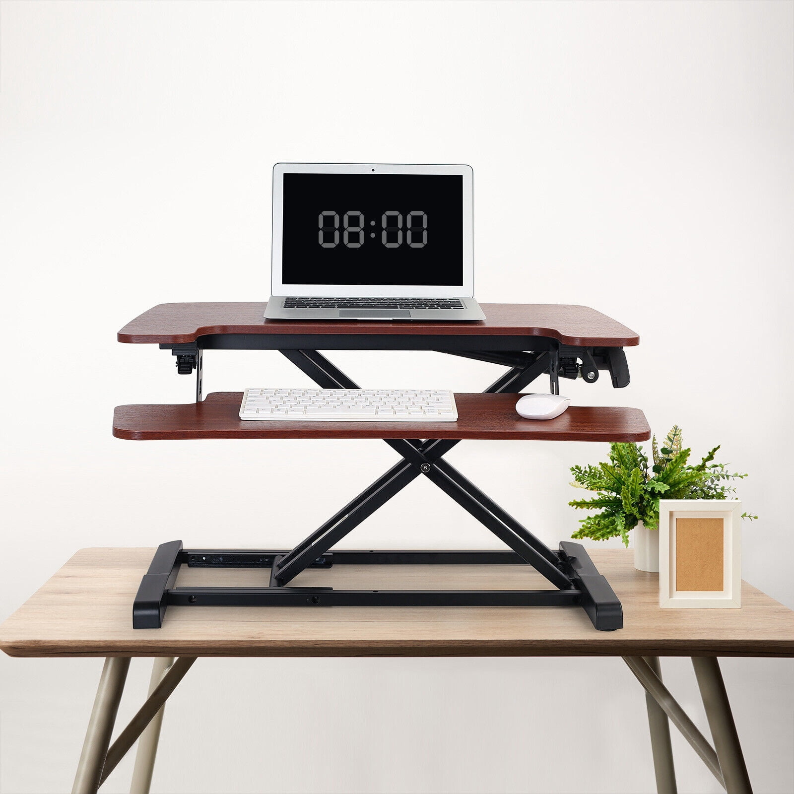 MarketLane 27.6 inch Desk Converter, K Series, Height Adjustable Sit to Stand Riser, Dual Monitor and Laptop Workstation with Wide Keyboard Tray, Dark Walnut Top, Black Frame