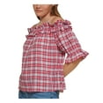 thumbnail image 3 of TOMMY HILFIGER Womens Red Ruffled Pullover Plaid Elbow Sleeve Off Shoulder Top XL, 3 of 5