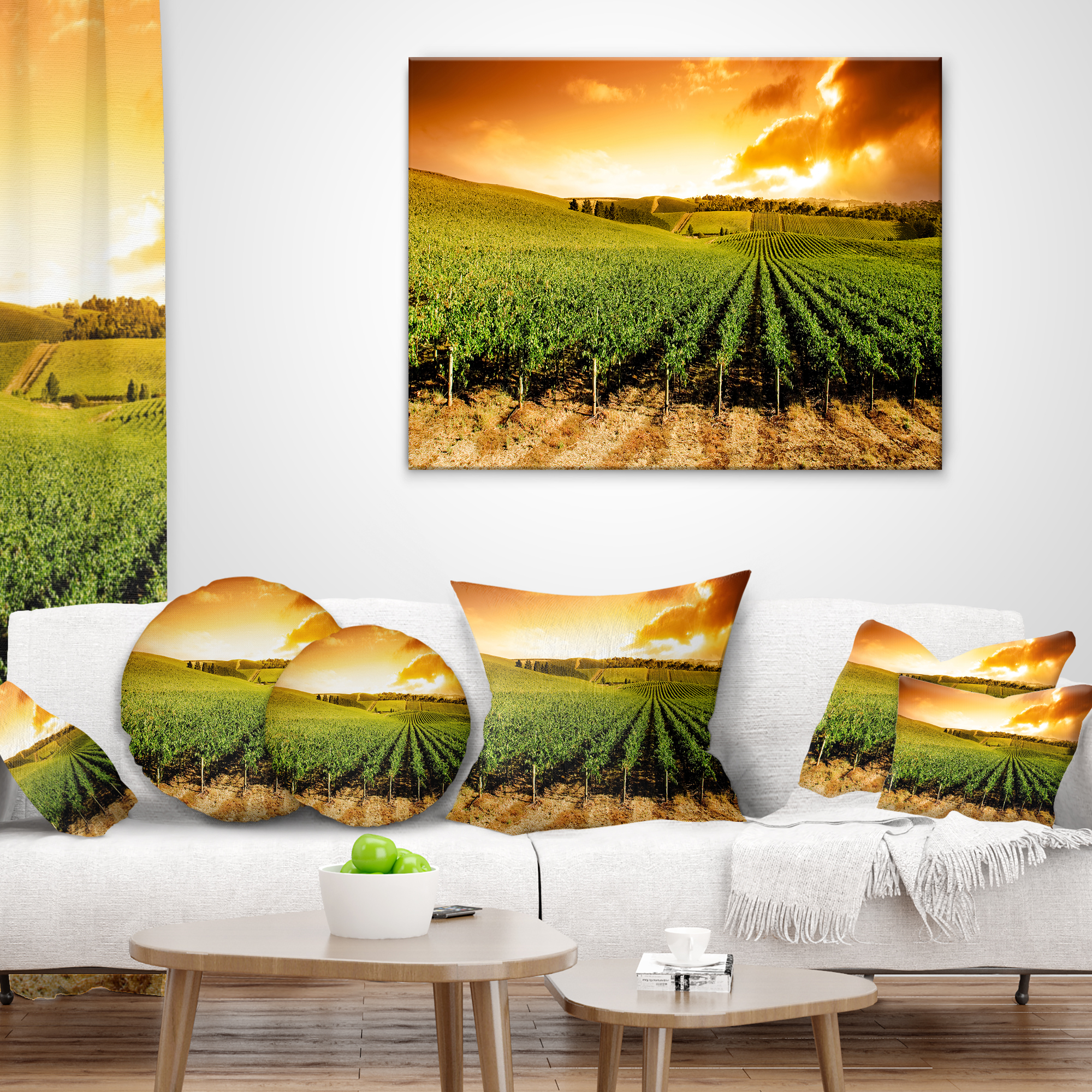 Designart Sunset Vineyard Panorama - Landscape Printed Throw Pillow - 16x16