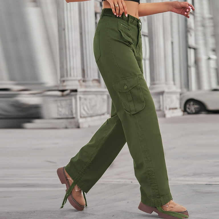 Outdoor Cargo Jeans Women's Relax Fit Casual Straight Leg Cargo Pants High  Waisted Military Pockets Work Trouser Army Green at  Women's Clothing  store
