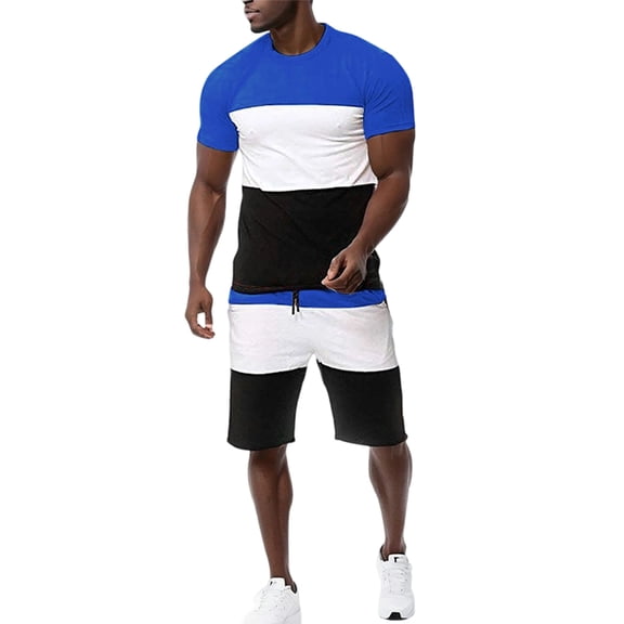 Matching Sets Summer for Men Short Sleeve Shirts & Shorts 2 Piece Set Beach Round Neck Color Blocked Outfits Blue 2XL