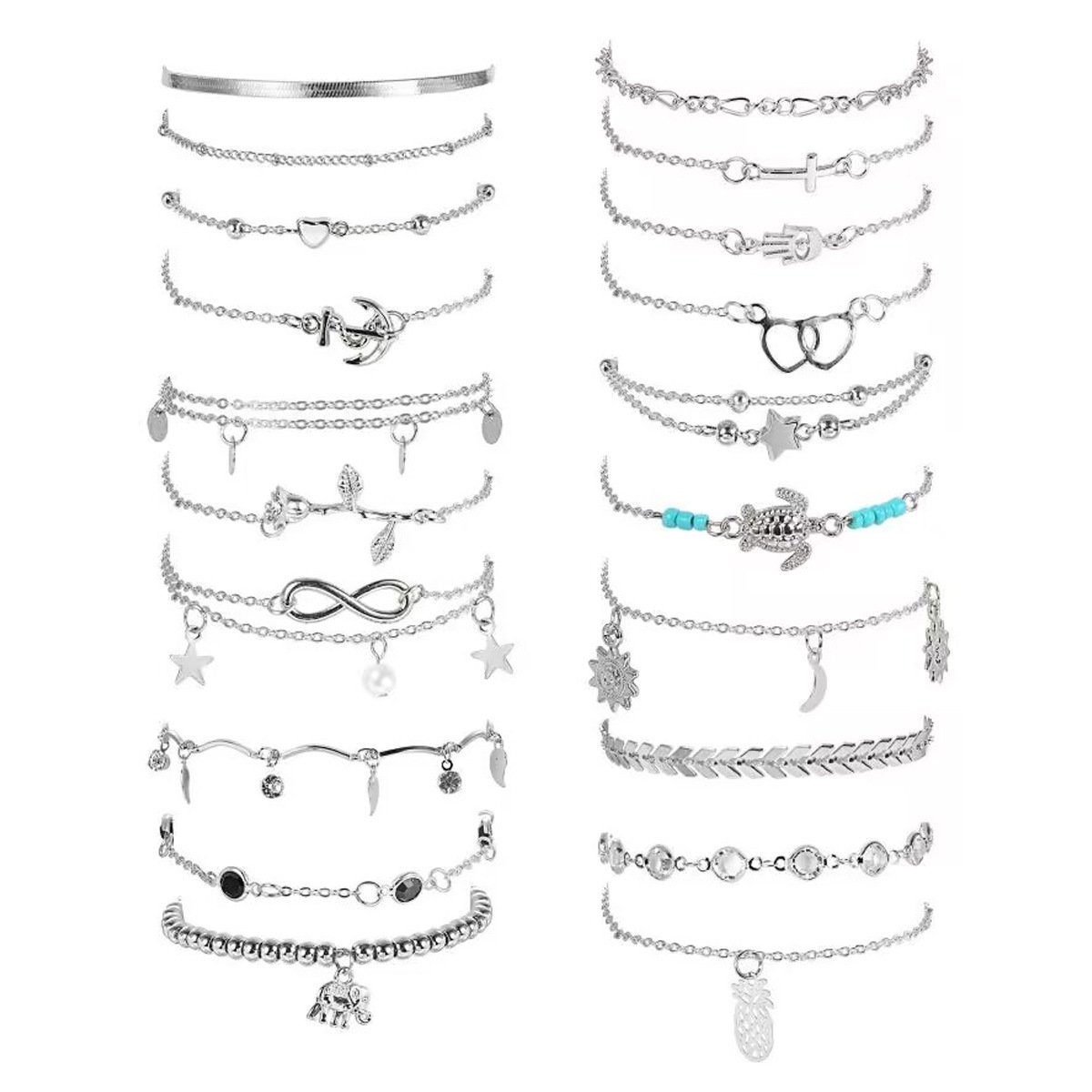 DESIGNICE 20 Pack Waterproof Ankle Bracelets for Women - Adjustable Beach Anklets Set with Mixed Charms (Hearts/Stars/Turtle),Tarnish-Resistant Stackable Foot Jewelry for Surfers and Vacation
