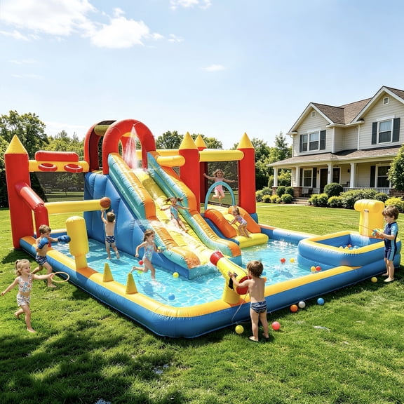 Sunnyfree XXL Inflatable Bounce House 9 in 1 for Kids 3 , 15x13FT Oversized Inflatable Water Slide Park, Indoor/Outdoor Bounce Castle w/ Blower