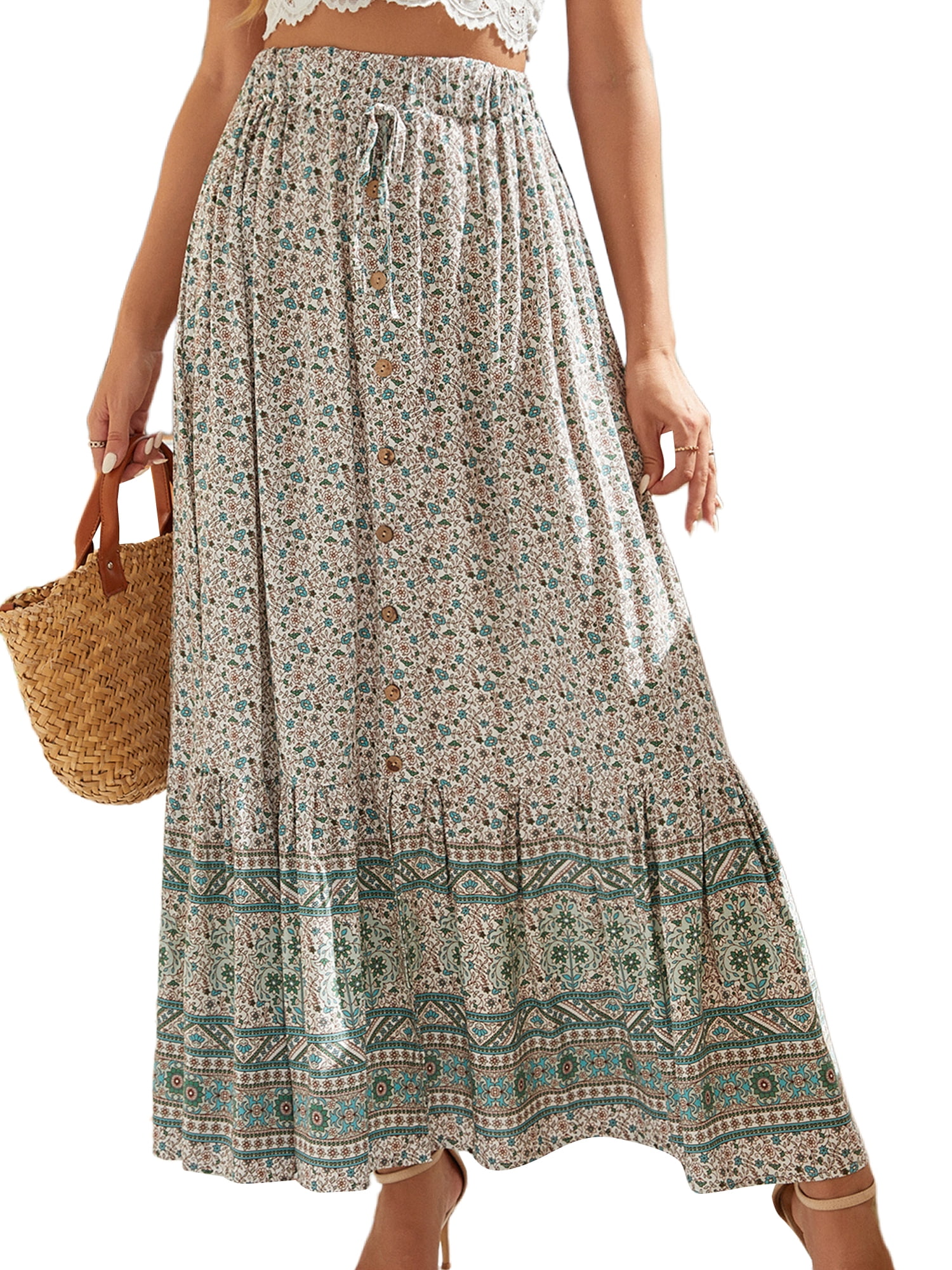 Niuer Womens Boho Long Floral Elastic High Waist Maxi Skirts Plus Size ...