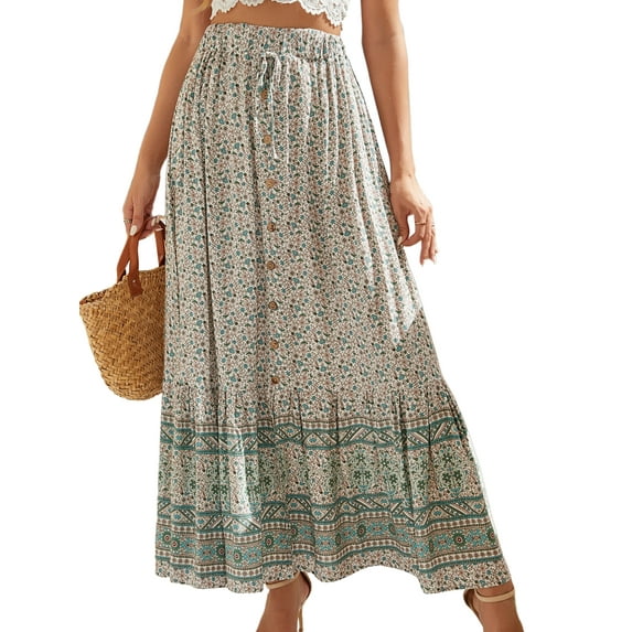 Sexy Dance Women Boho Floral Print Elastic High Waist Pleated A Line Maxi Skirt Single Breasted Swing A-Line Skirts