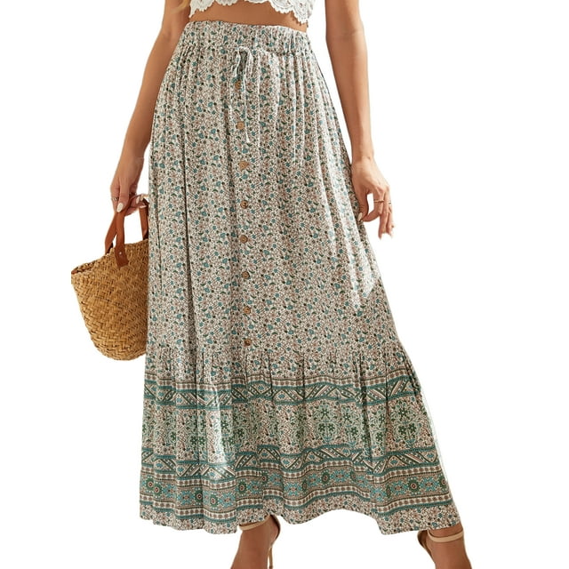 Innerwin Jupe Longue Maxi Imprimée Florale pour Femmes Jupe Évasée Taille Haute Fluide Verte TG