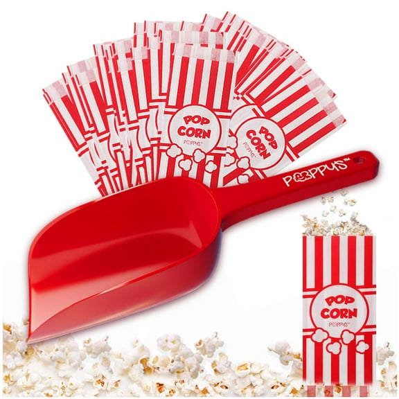 Poppy's Popcorn Scoop and Popcorn Bags Bundle, Nostalgic Popcorn Accessories for Popcorn Machine and Popcorn Bar, Popcorn Scooper and Bags for Carnival|Movie Night|Circus Party Supplies (50)