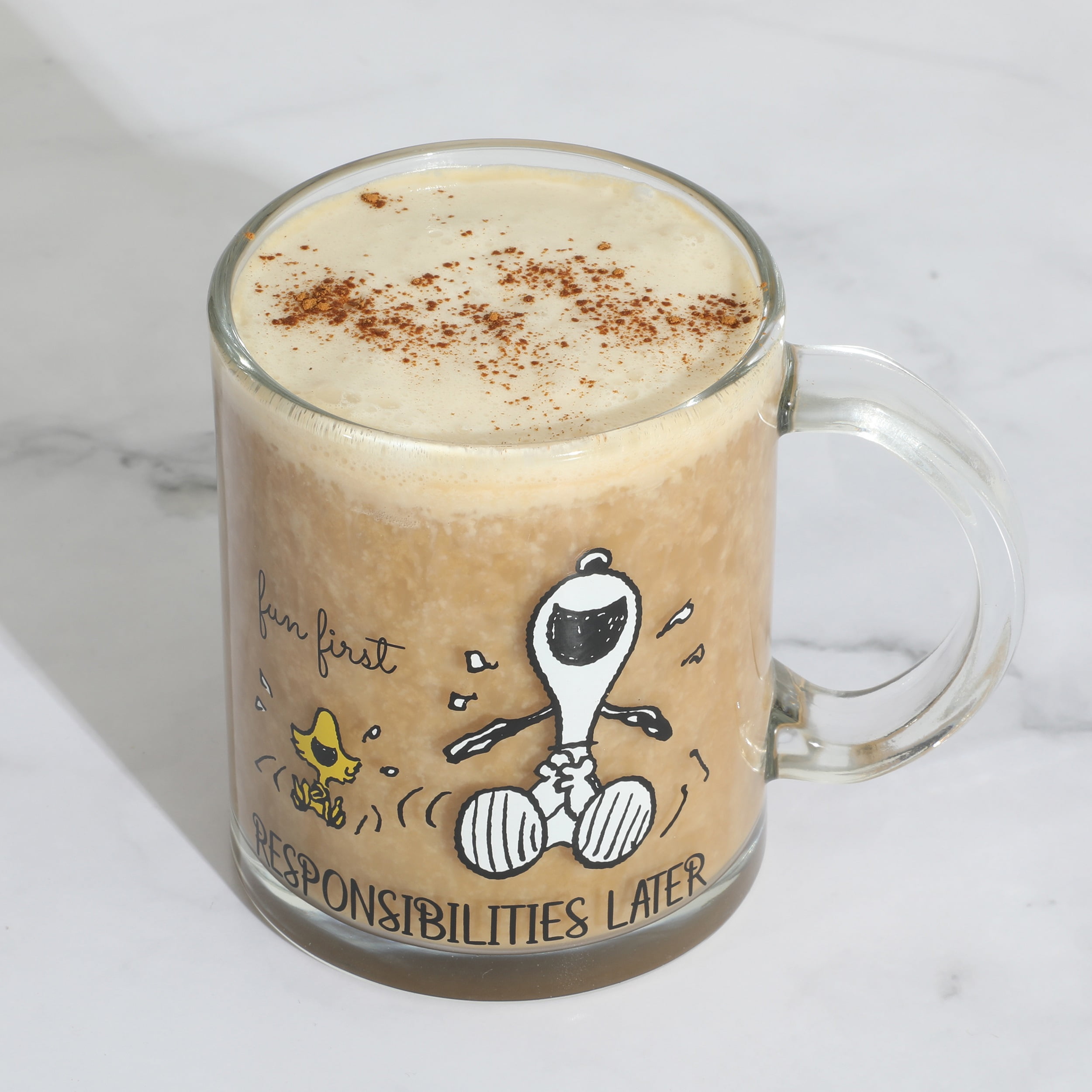 GIBSON HOME GLASS SNOOPY FUN FIRST RESPONSIBILITIES LATER MUG