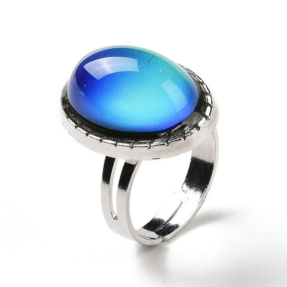 Glass Oval Mood Ring Temperature Change color Emotion Feeling Alloy Adjustable Ring for Women Platinum Inner Diameter: 17.5~18.4mm