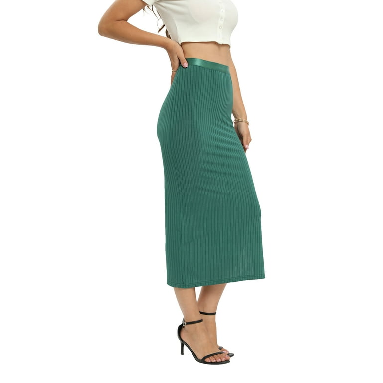 Women s High Waist Bodycon Skirts Solid Rib Side Slit Knit Midi