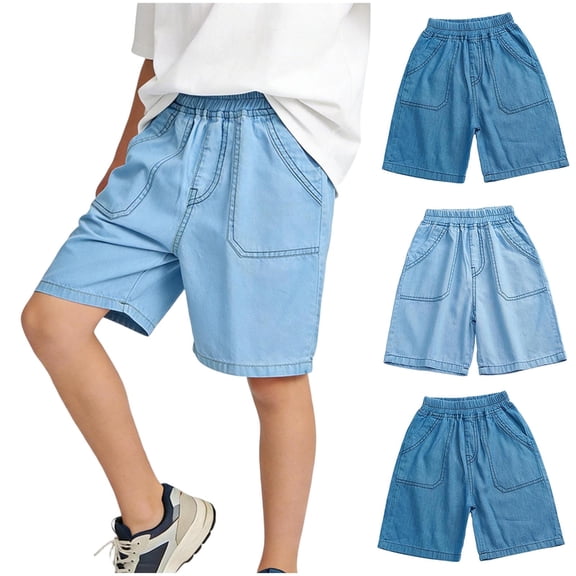 Fengqque Boy and Girl Denim Shorts Straight Leg Shorts High Elastic Waist Baggy Jeans Shorts with Pockets 6-14 Years Old Light Blue 13-14 Years