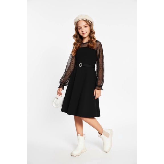 Arshiner Girl's Contrast Mesh Puff Long Sleeve High Waist A Line Black Short Dress with Pockets