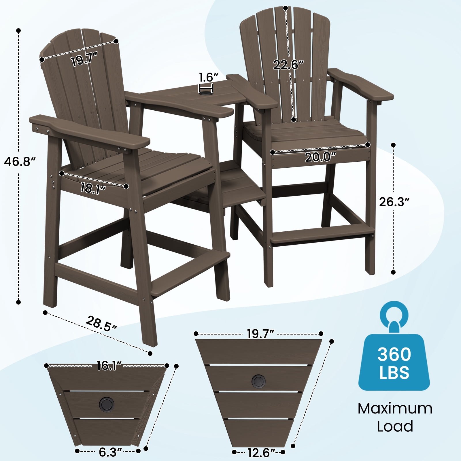LOYALICE Tall Plastic Adirondack Chair Set of 2 W/ Outdoor Barstools and Connecting Tray, Coffee