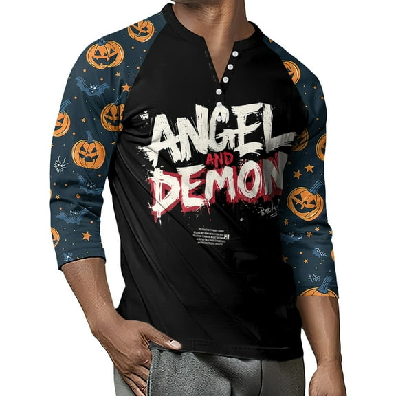 Evdexr Halloween Shirts for Men Plus Size Graphic Tops 2025 Letters 3/4 Sleeve Henley Tshirts Pumpkin Face Witch Baggy Novelty T Shirt Earthy Yellow M