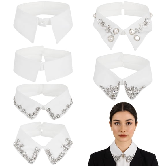6PCS Detachable Fake Collar, White Dickey Collar with Rhinestones, Half Shirt Blouse Collar, Fashion Accessories
