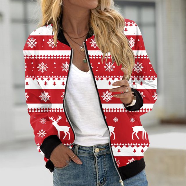 Chaqueta informal de manga larga sin capucha y con capucha para mujer, moderna, con estampado navideño, con cremallera y bolsillo, de poliéster.