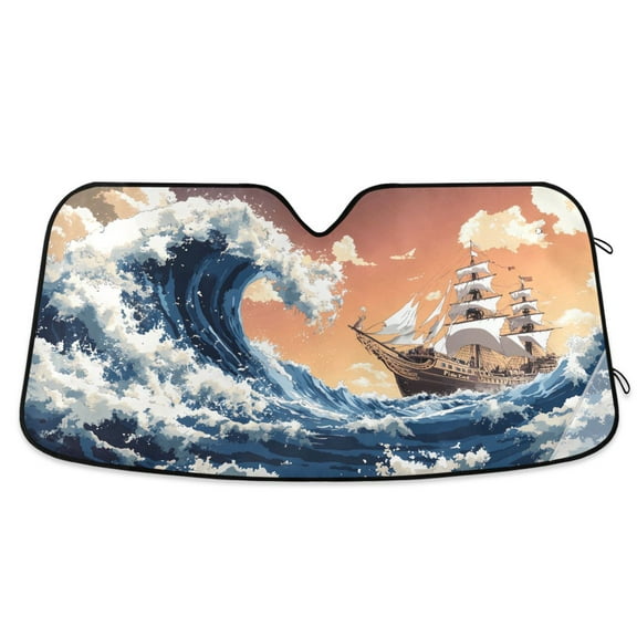 Giant Waves and Pirate Ship Car Windshield Sun Shade Foldable Car Front Window Visor Heat and UV Protection 53x23.5
