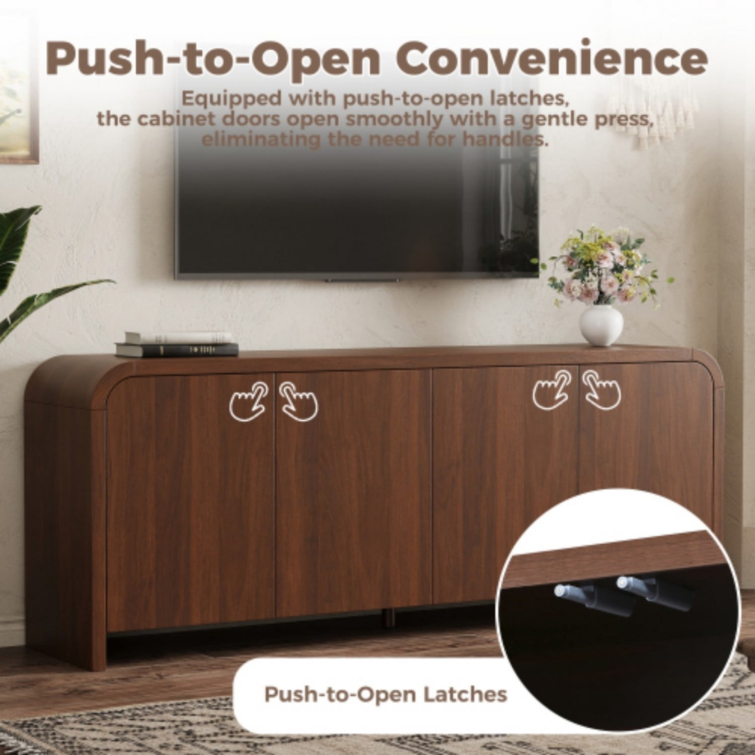 Farmhouse Curved Edge TV Stand for 70 Inch TV, Mid Century Modern Wood Grain Media Console with Adjustable Shelves, Cabinets & Cable Management for Living Room, Walnut