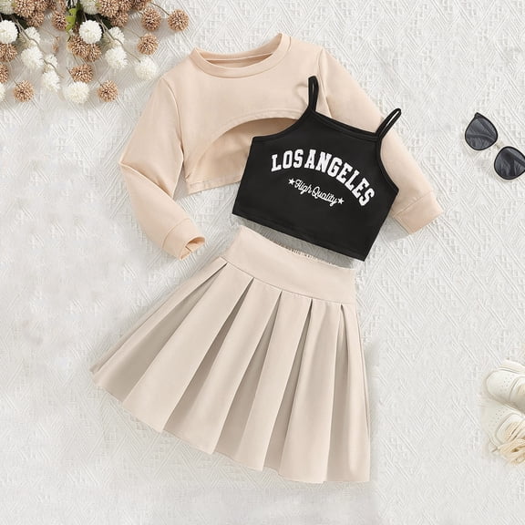 Trendy Girls Outfits Set Summer Casual Wear Round Neck Long Sleeve Top with Letter Print and Solid Short Skirt for Ages 3 to 10