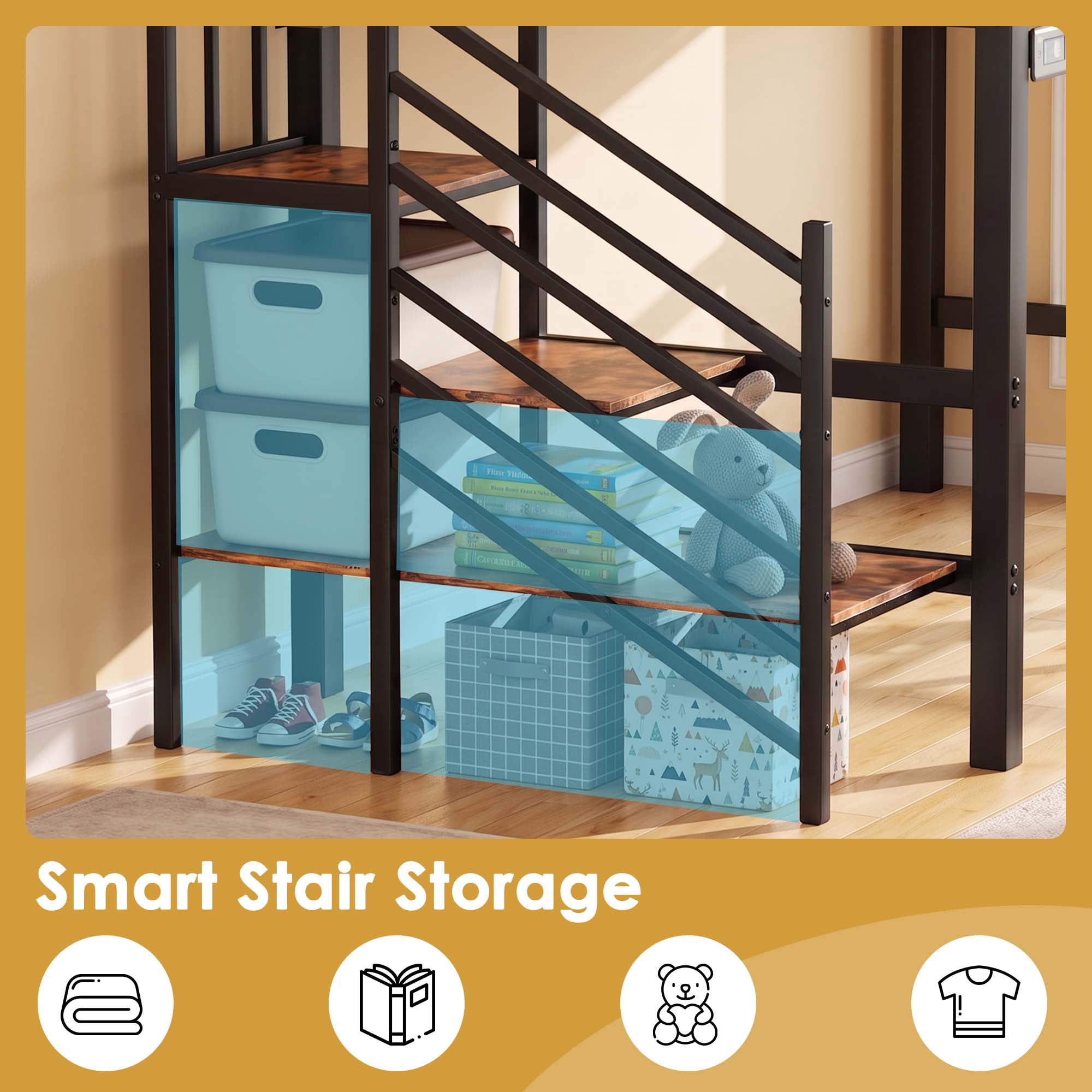 Miniyam Twin Size Metal Low Loft Bed with Storage Stairs and Blackboard,USB Charging, Black