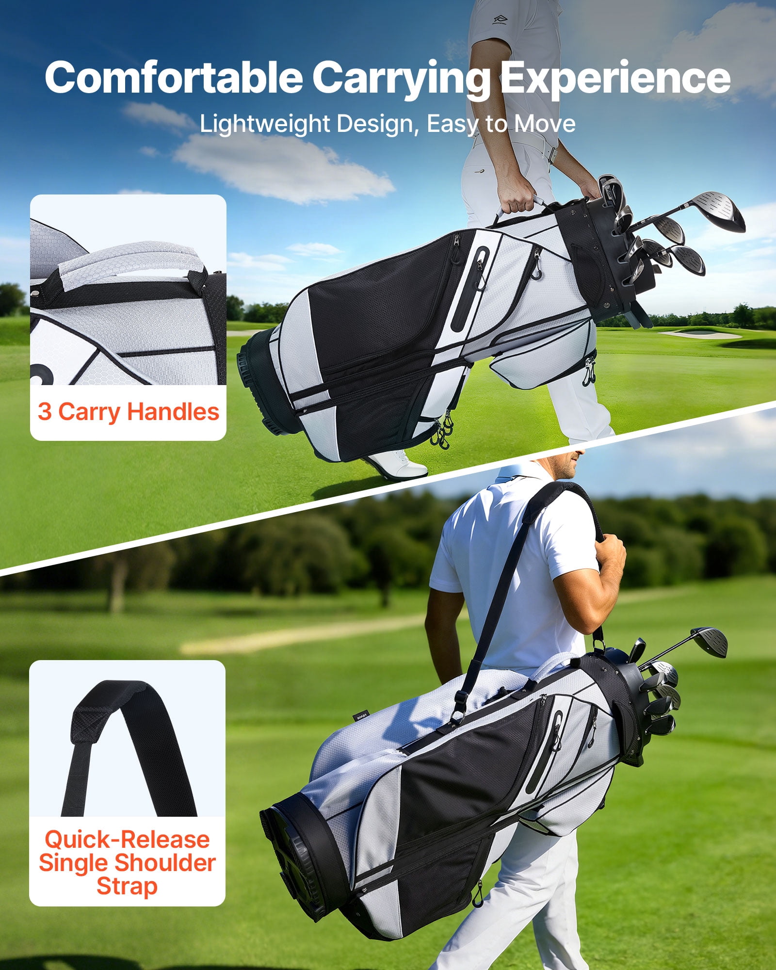 VEVOR Golf Cart Bag, 14 Way Top Divider Organizer, Golf Club Bag with Full-length Divider, Handles, Storage Pockets, Shoulder Strap, Rain Hood, Smooth Zippers, Lightweight Polyester for Men & Women