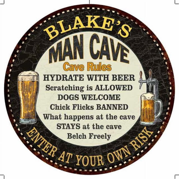 BLAKE'S Man Cave Rules 14" Round Metal Sign Garage Wall Decor 100140010127