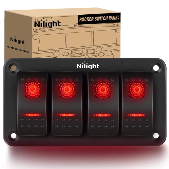 Nilight 4 Gang Rocker Switch Panel 5Pin On Off Toggle Aluminum Holder 12V 24V Dash Pre-Wired Red Backlit Switches for Automotive Cars Marine Boats RVs Truck