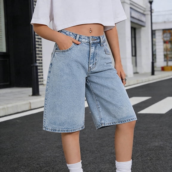 Yourumao Jean Shorts for Girl Cargo Bermuda Shorts Distressed Elastic Waist Denim Pants Baggy Summer Vacation Shorts with Pockets 13-18Y