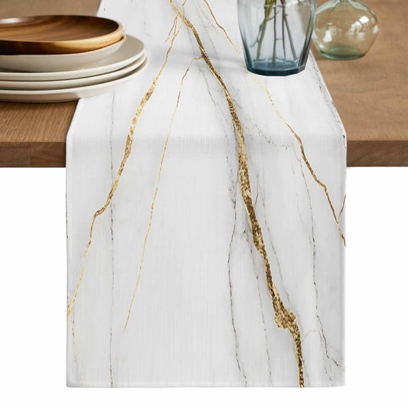 Marble Cotton Linen Table Runner for Dining Kitchen, Grey Golden Crack Minimalistic Abstract Wedding Outdoor Party Tablerunners Decoration, Dresser Scarf Coffee Tablecloth Runners 13x48 Inches