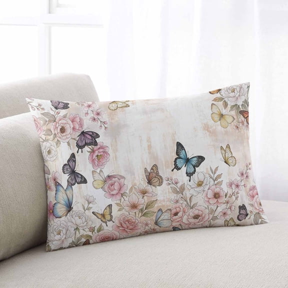 Vintage Pink Flowers Throw Pillow Covers, Spring Floral Butterfly Retro Art Soft Breathable Pillow Cases with Invisible Zipper for Sleeping, Toddler Pillowcases for Couch Bed Sofa Chair 12x20 Inches