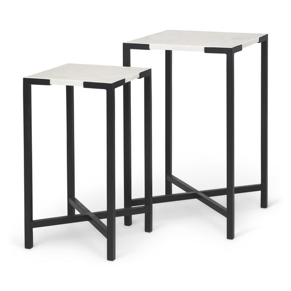 Mercana Lucas III 15 x 24 Set of Two Square Top White Marble & Black Iron Tables