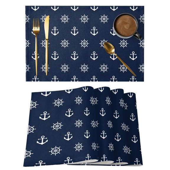 Nautical Anchor Placemats Set of 6, Vintage Coastal Ocean Sea Minimalist Navy Blue Non-Slip Place Mats Washable Table Mats for Kitchen Dining Table Decorations Indoor/Outdoor