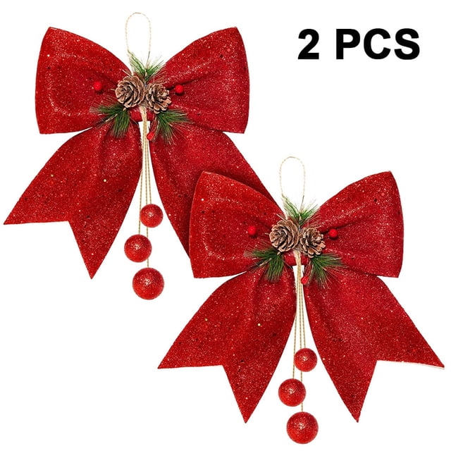 HLONK 2 Pack Nœuds de Noël Rouges Décorations Extérieures Grand Arbre de Noël Décoration Nœud Couronne en Velours avec Paillettes pour Maison Porte d'Entrée Argent