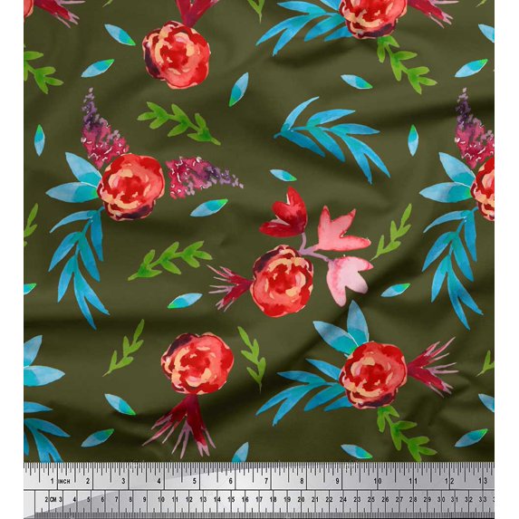 Soimoi Japan Crepe Satin Fabric Flower & Leaves Watercolor Printed Craft Fabric by the Yard 42 Inch Wide