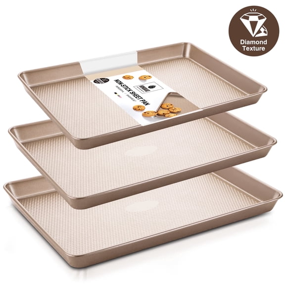 HONGBAKE Cookie Sheets Nonstick Sets, Baking Pan, Cookie Sheets for Baking with Diamond Texture Pattern, Heavy Duty carbon Steel Baking Sheet Pans for Oven - Diamond Gold