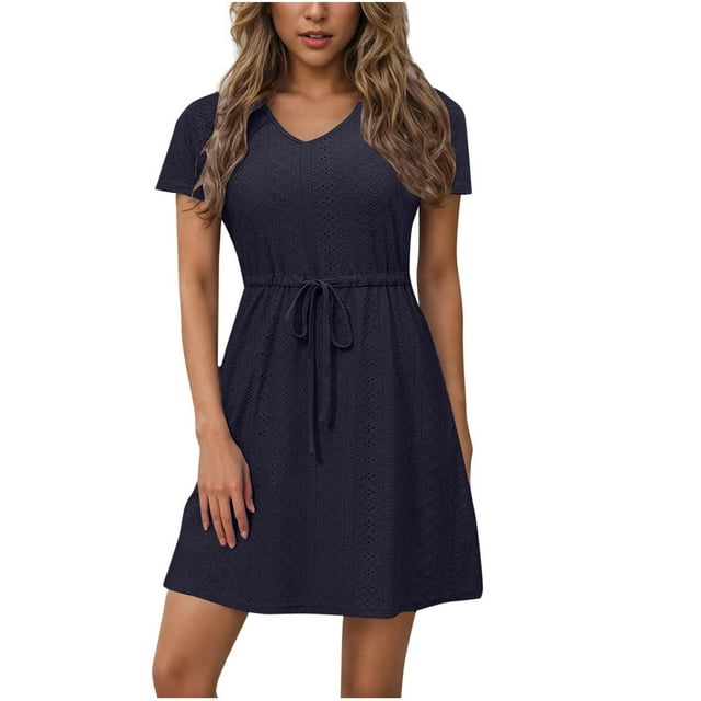 Dvprdro Robe d'Été Décontractée Unie à Manches Courtes pour Femme, Mode Élégante, Col en V, à Nouer, Robe Courte de Plage et Soleil