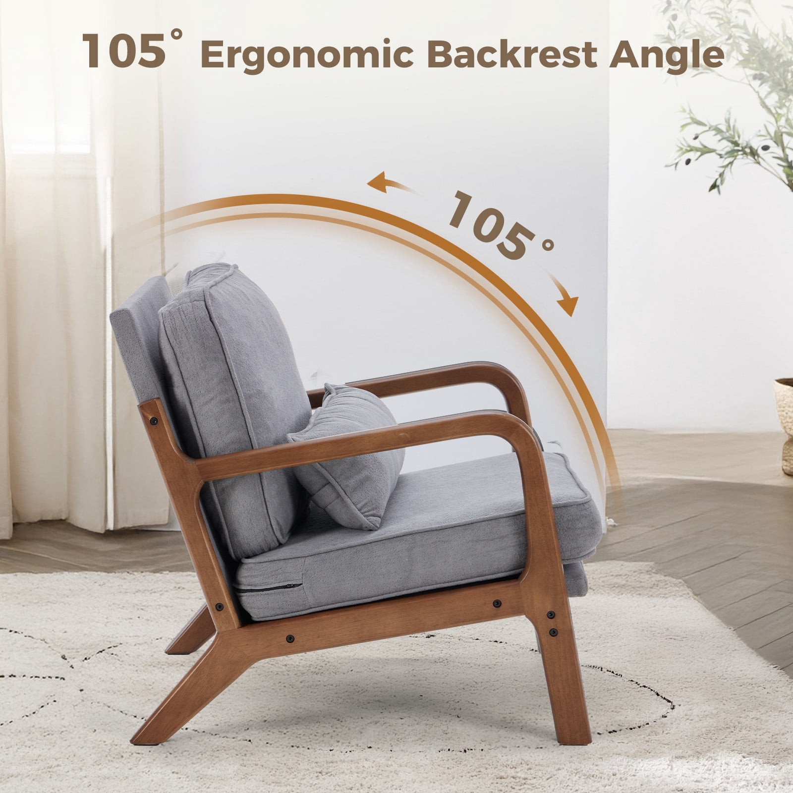 Mid-Century Modern Accent Chair with Arms and Waist Cushion, Solid Wooden Frame